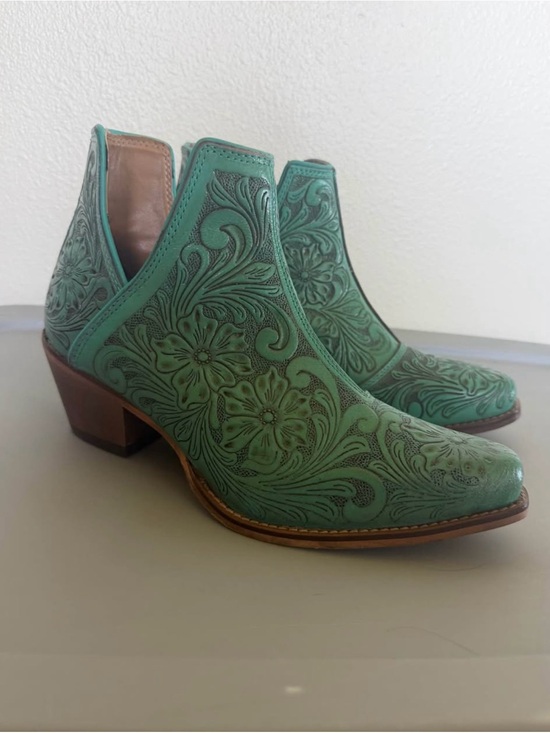 Myra Shoes - Women's Floral Tooled Leather Ankle Boots